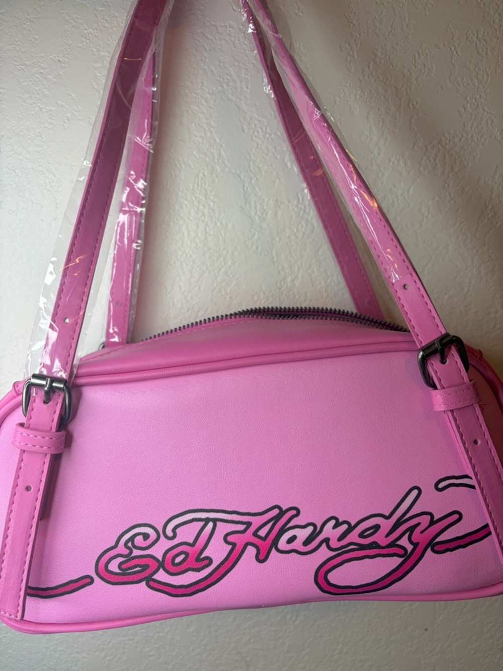 Ed Hardy Pink Satchel Bag Adjustable Straps Skull Flowers Rhinestone Y2K NWT $80 - Picture 8 of 10
